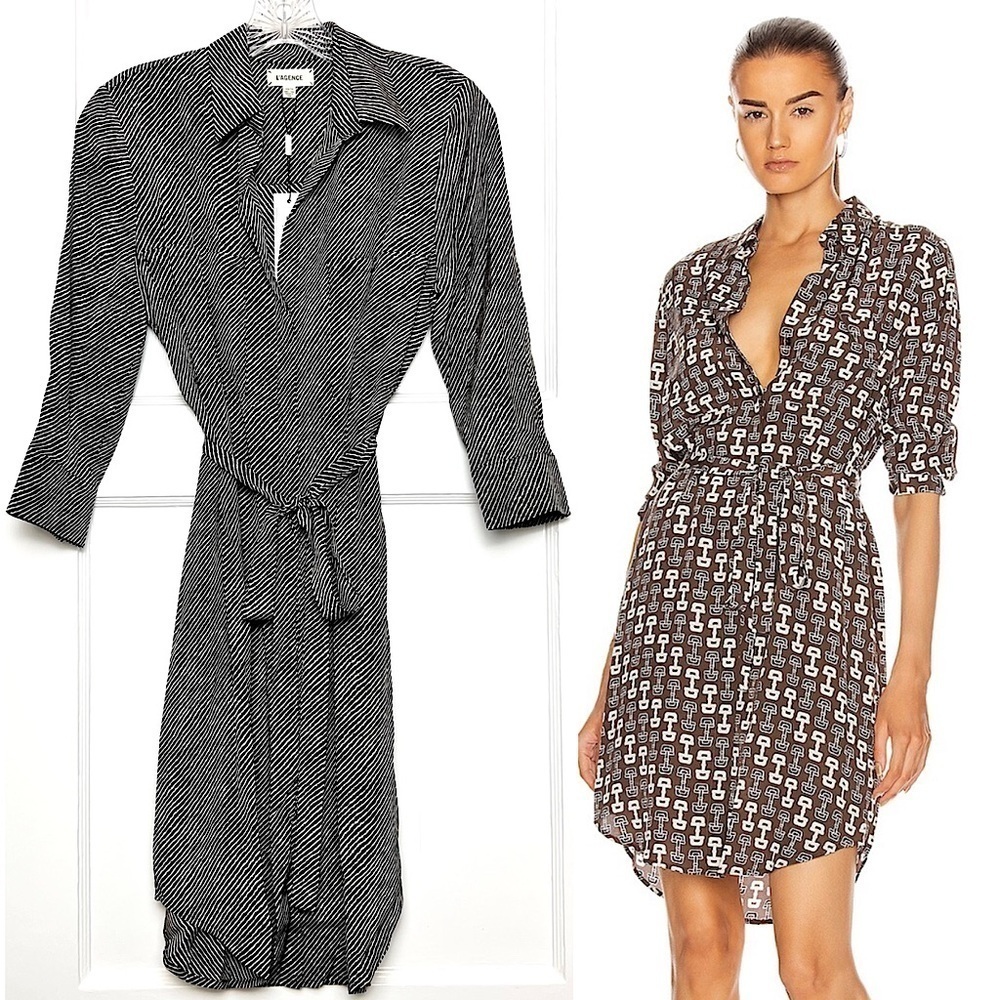 NWT L'AGENCE Silk Striped Tie Waist Button Up Collared Long Sleeve Shirtdress XS